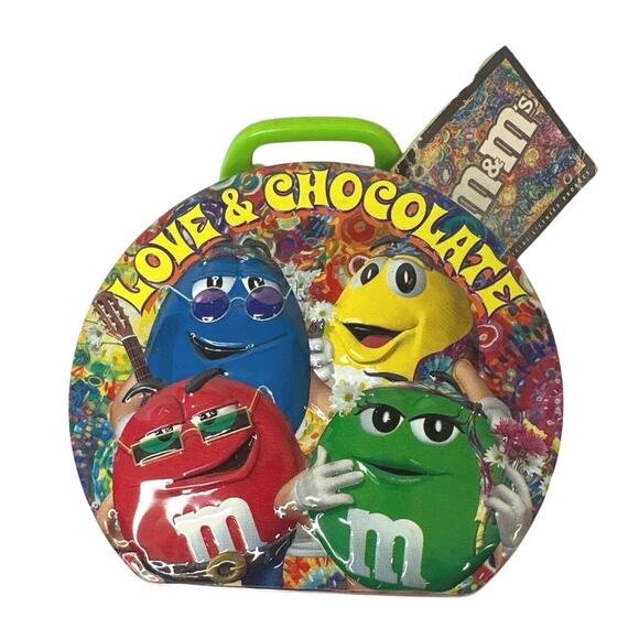 LOVE & CHOCOLATE M&M COLLECTIBLE TIN TIE DYE/PEACE 4”green handle yellow M&M - Picture 1 of 7